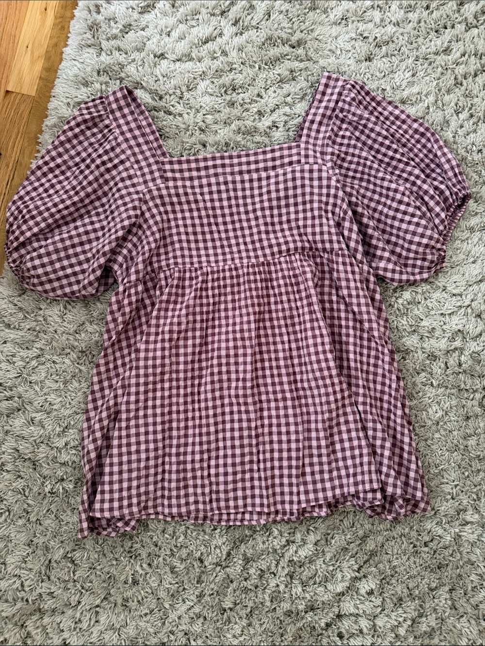 Square-Neck Puff Sleeve Gingham Top in Mauve Pink